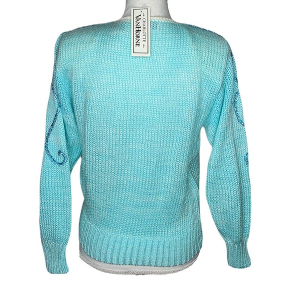 Vintage Charlotte VanHorne Turquoise Blue White Embellished V Neck Sweater Sz L - Picture 2 of 10